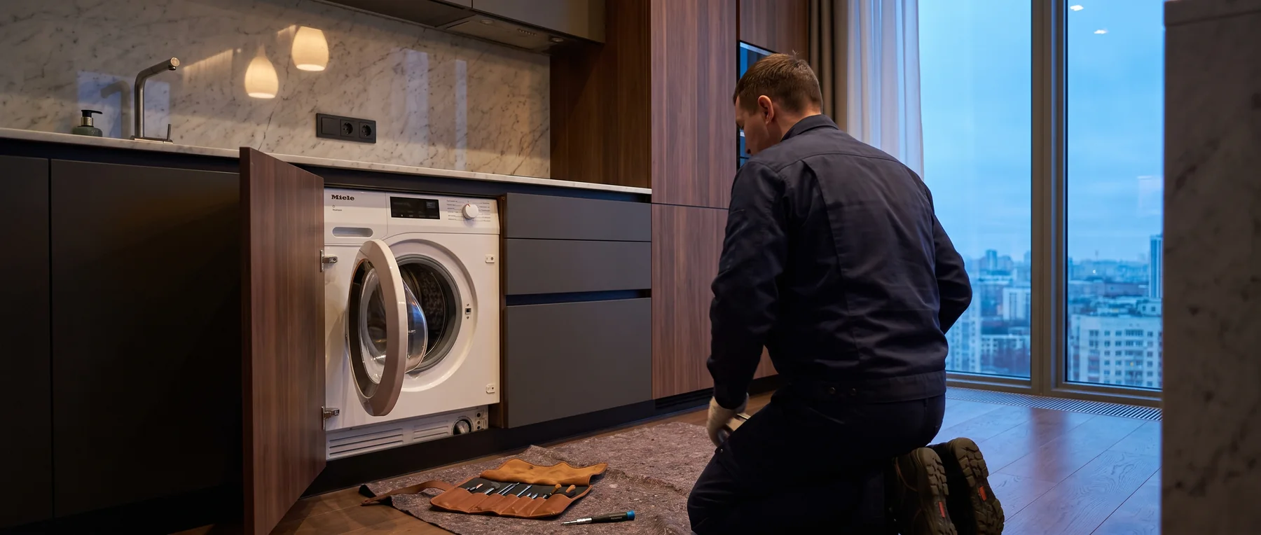 Инженер за ремонтом стиральной машины Miele на кухне